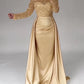 Mermaid Sequin Evening Gown Ruched Satin Dress Long Sleeves Floor Length Sparkle Illusion Neck Fall Wedding Guest Dress with Pearls