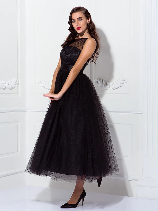 A-Line Cocktail Dresses Vintage Dress Wedding Guest Ankle Length Sleeveless One Shoulder Wednesday Addams Family Tulle with Pleats Pattern