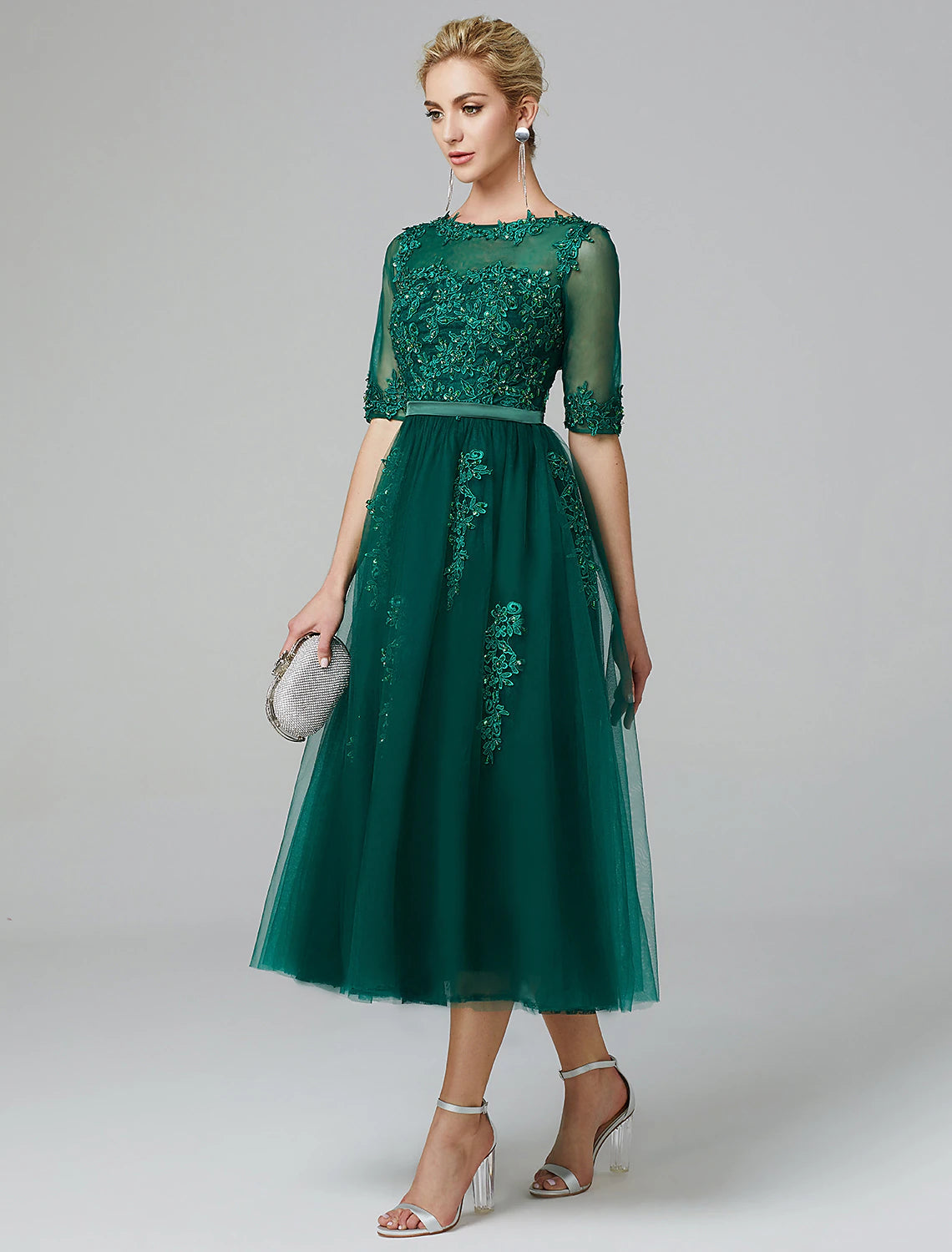 A-Line Cocktail Dress Christmas Red Green Dress Formal Evening Kentucky Derby Tea Length Sleeveless Illusion Neck Fall Wedding Guest Lace Over Tulle with Sequin