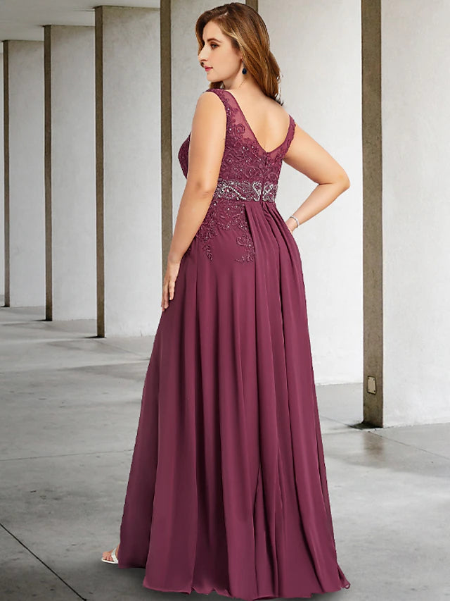 A-Line Plus Size Curve Mother of the Bride Dresses Elegant Dress Formal Floor Length Sleeveless V Neck Chiffon with Pearl