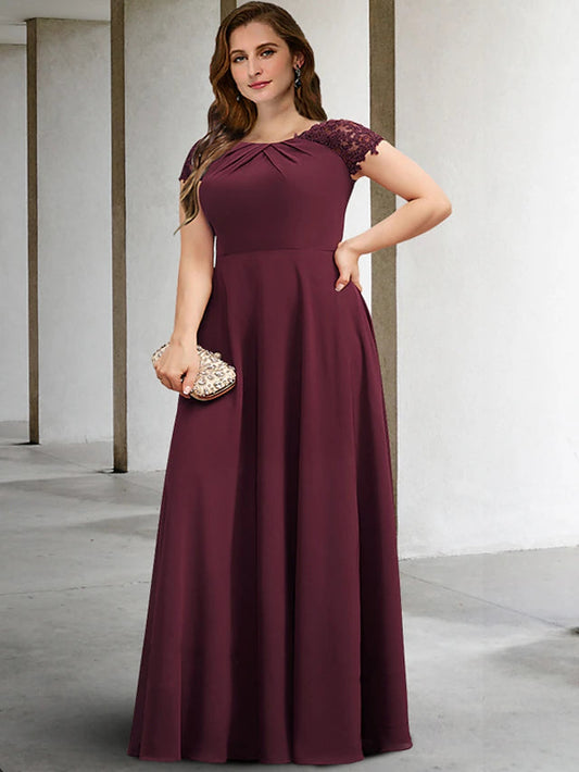 A-Line Plus Size Curve Mother of the Bride Dresses Elegant Dress Formal Floor Length Short Sleeve Jewel Neck Chiffon with Pleats