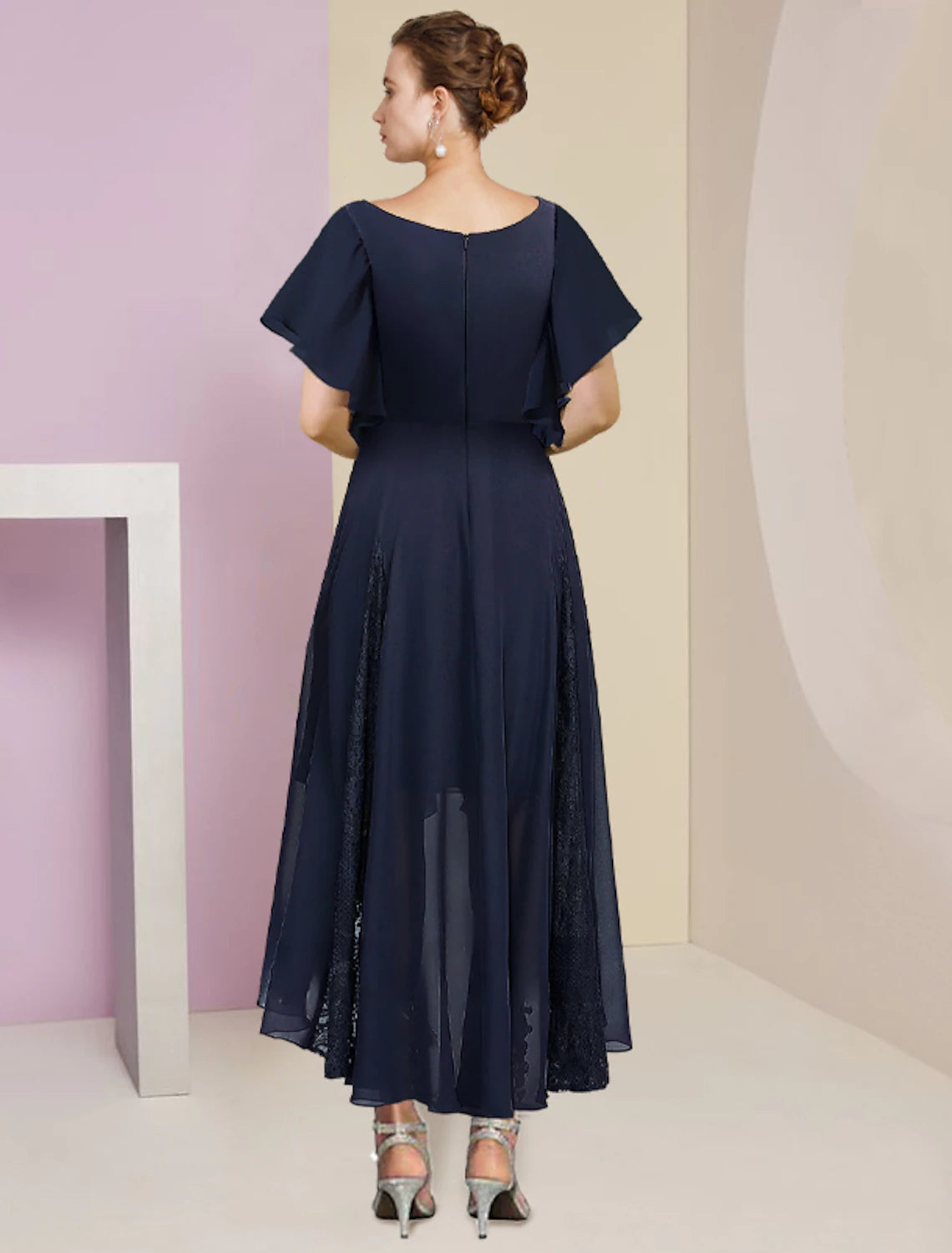 A-Line Mother of the Bride Dress Formal Wedding Guest Elegant V Neck Ankle Length Chiffon Lace Short Sleeve with Pleats Crystal