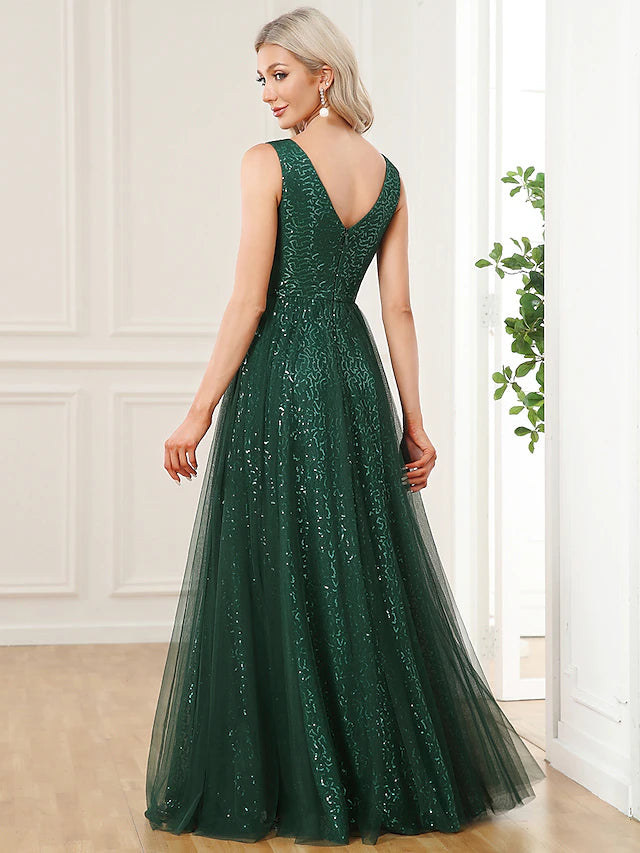 A-Line Prom Dresses Elegant Dress Party Wear Floor Length Sleeveless V Neck Sequined V Back