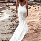 Beach Open Back Boho Wedding Dresses Mermaid / Trumpet Halter Sleeveless Chapel Train Lace Bridal Gowns With Appliques