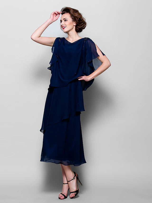 A-Line Mother of the Bride Dress Plus Size Elegant Cowl Neck Tea Length Chiffon Short Sleeve with Ruffles Crystal