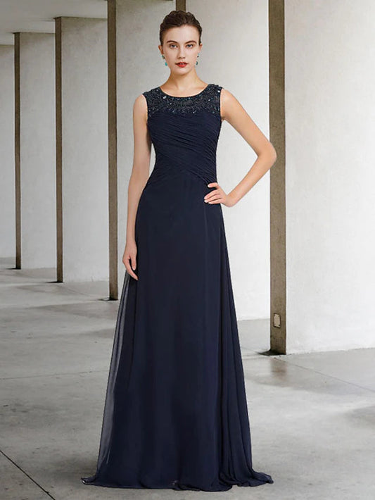 A-Line Mother of the Bride Dress Elegant Jewel Neck Floor Length Chiffon Sleeveless with Pleats