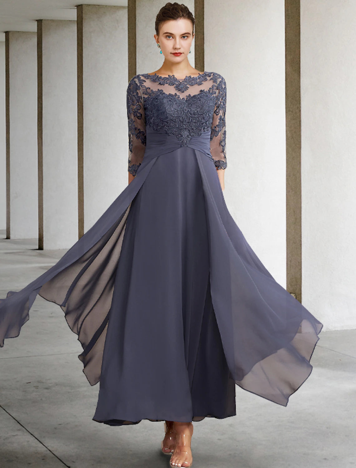 A-Line Mother of the Bride Dress Plus Size Elegant Jewel Neck Ankle Length Chiffon Lace Half Sleeve with Ruched Ruffles