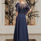 A-Line Mother of the Bride Dress Elegant Jewel Neck Floor Length Chiffon Lace Short Sleeve with Beading