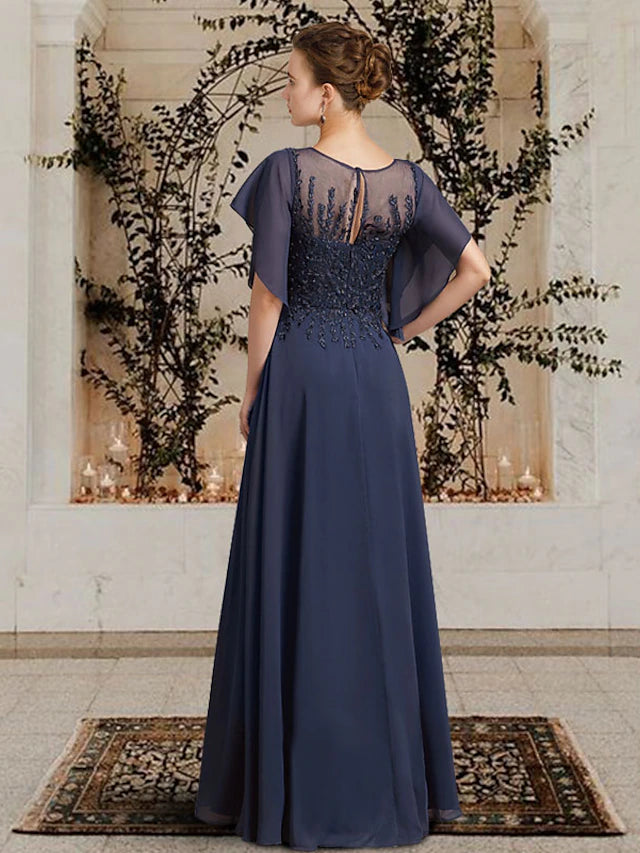 A-Line Mother of the Bride Dress Elegant Jewel Neck Floor Length Chiffon Lace Short Sleeve with Beading