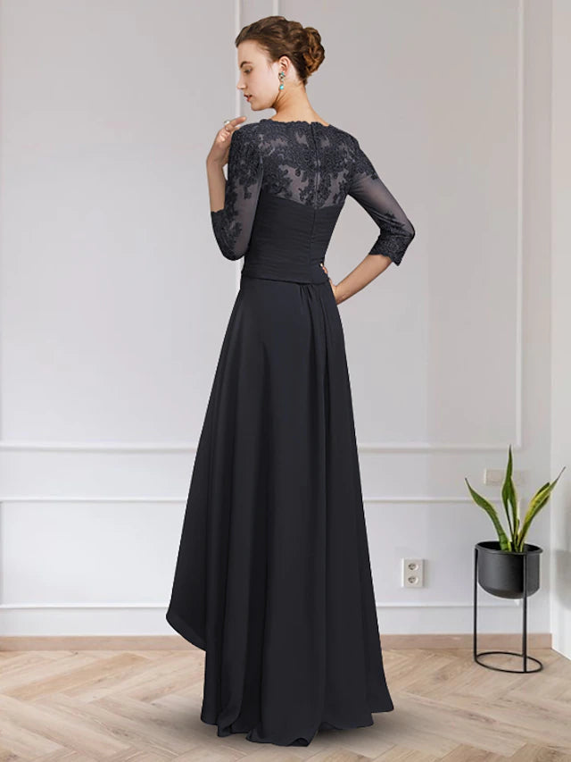 A-Line Mother of the Bride Dress Elegant High Low V Neck Asymmetrical Floor Length Chiffon Lace Half Sleeve with Appliques