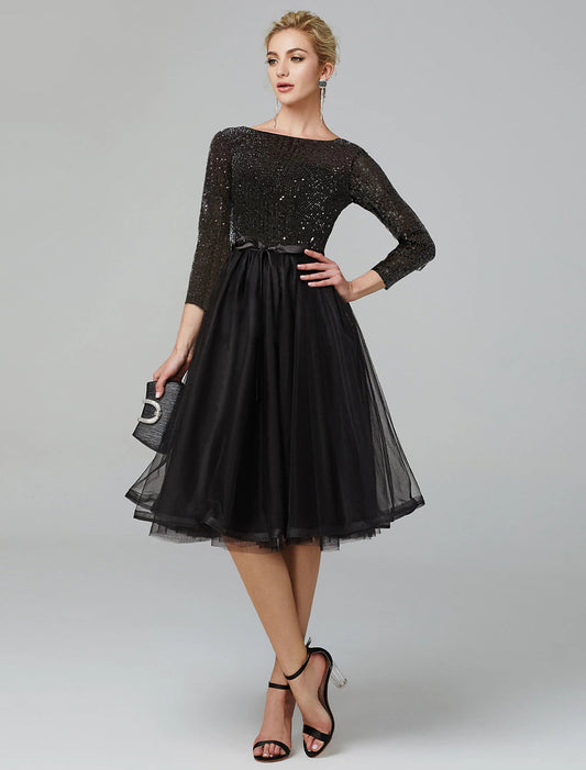 A-Line Cocktail Dresses Sparkle & Shine Dress Formal Tea Length 3/4 Length Sleeve Jewel Neck Fall Wedding Guest Tulle with Sequin