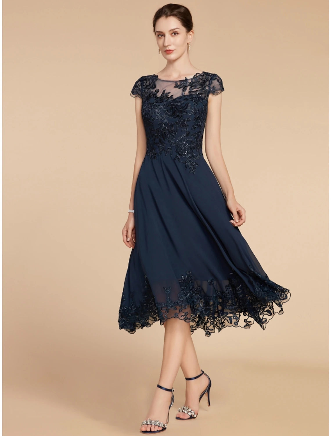 A-Line Mother of the Bride Dress Wedding Guest Elegant Petite Scoop Neck Tea Length Chiffon Lace Cap Sleeve with Sequin Ruching