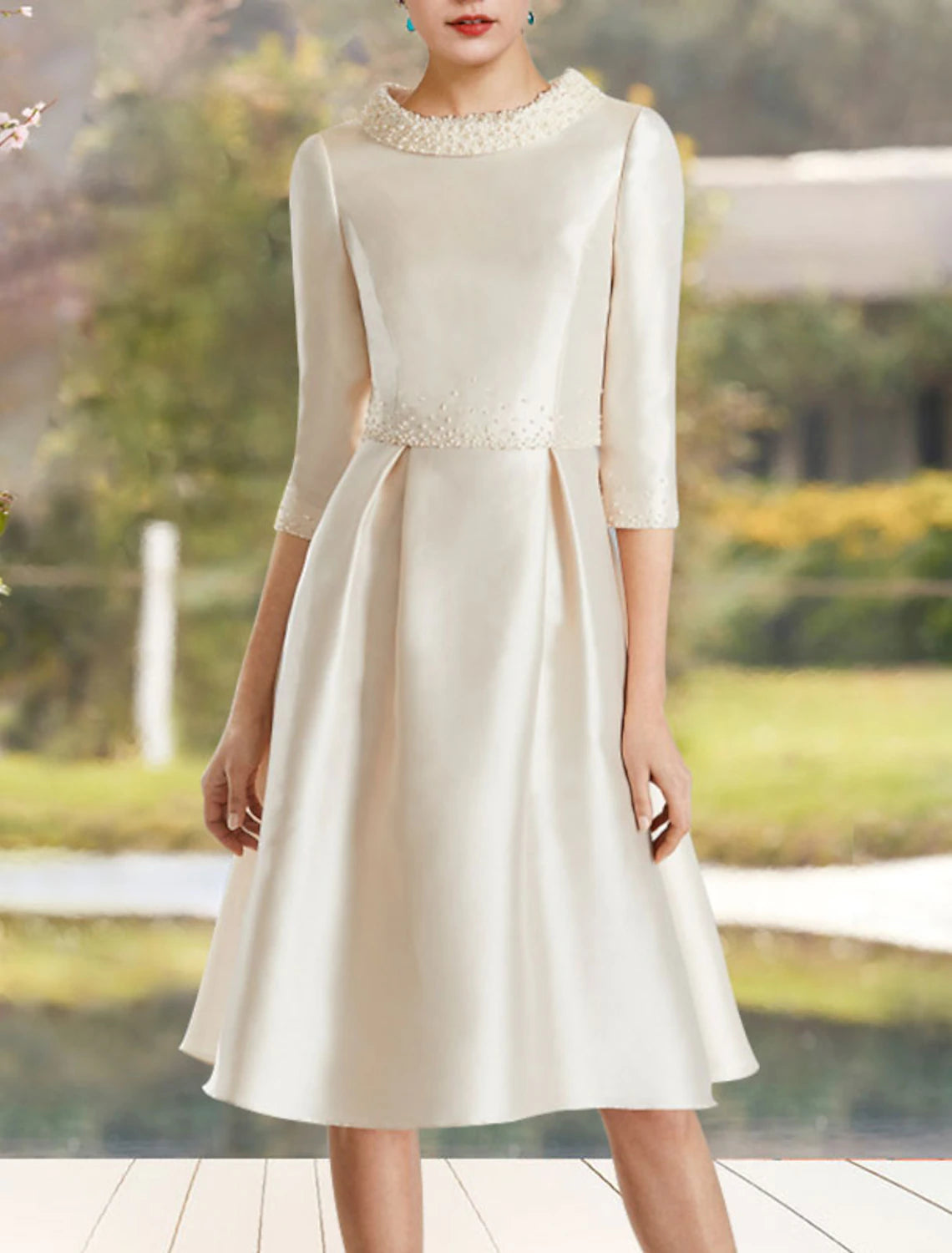 A-Line Mother of the Bride Dress Wedding Guest Elegant Jewel Neck Knee Length Satin Half Sleeve