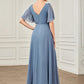 A-Line Prom Dresses Party Dress Wedding Guest Floor Length Short Sleeve V Neck Chiffon with Ruched
