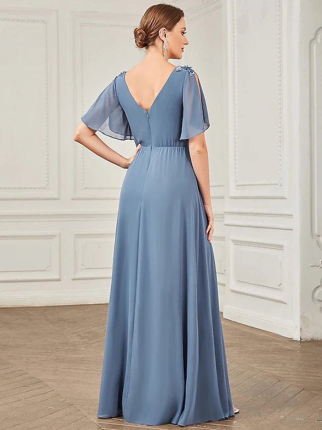 A-Line Prom Dresses Party Dress Wedding Guest Floor Length Short Sleeve V Neck Chiffon with Ruched