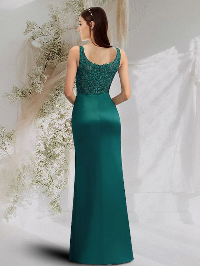 A-Line Prom Dresses Maxi Dress Engagement Court Train Sleeveless Scoop Neck Charmeuse with Slit Overskirt Lace