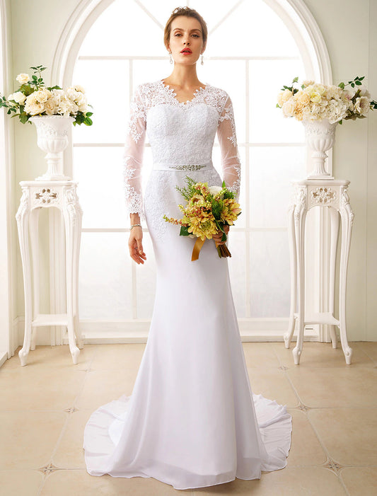 Engagement Open Back Formal Wedding Dresses Mermaid / Trumpet Illusion Neck Long Sleeve Court Train Chiffon Bridal Gowns With Sash