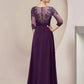 A-Line Mother of the Bride Dress Formal Wedding Guest Elegant High Low Scoop Neck Asymmetrical Floor Length Chiffon Lace 3/4 Length Sleeve with Beading Sequin