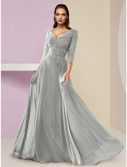 A-Line Mother of the Bride Dress Wedding Guest Party Elegant V Neck Floor Length Chiffon 3/4 Length Sleeve with Sequin