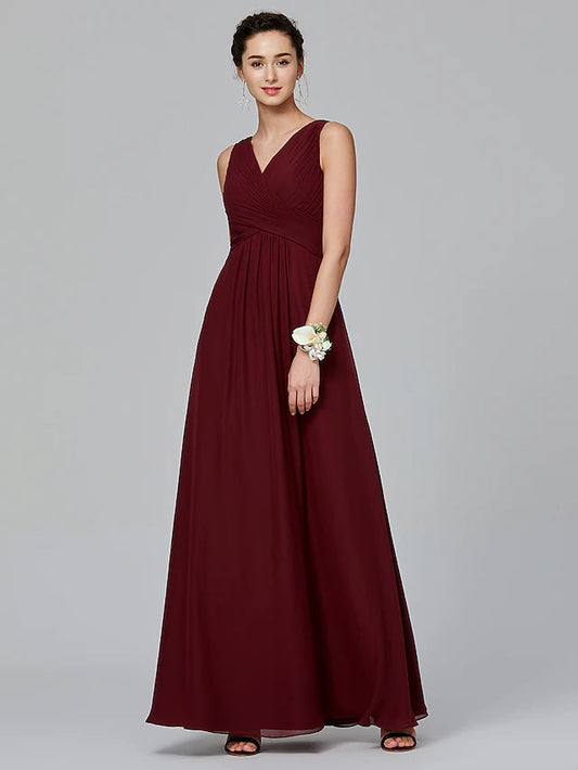 A-Line Bridesmaid Dress V Neck Sleeveless Floor Length Chiffon with Criss Cross / Side