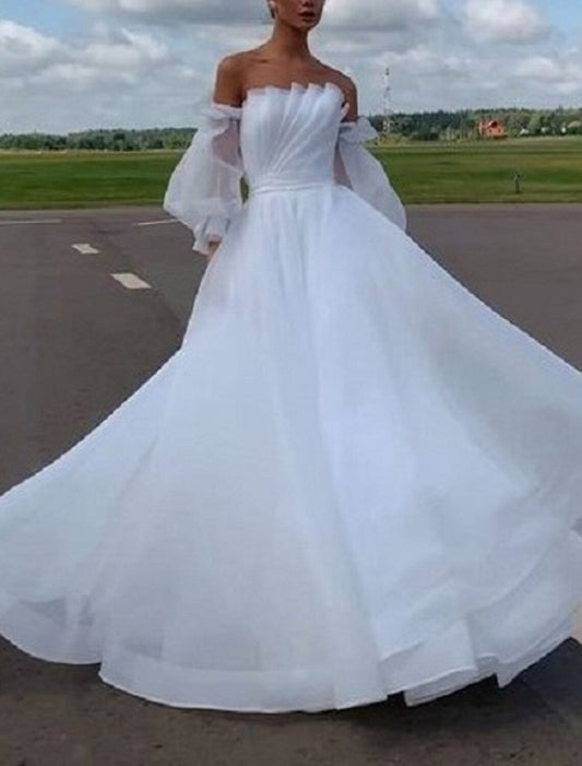 Beach Casual Wedding Dresses A-Line Off Shoulder Long Sleeve Court Train Organza Bridal Gowns