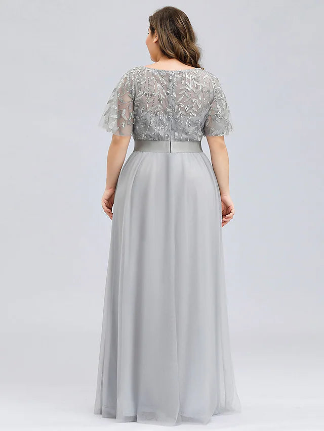 A-Line Prom Dresses Plus Size Dress Wedding Guest Floor Length Short Sleeve Jewel Neck Chiffon