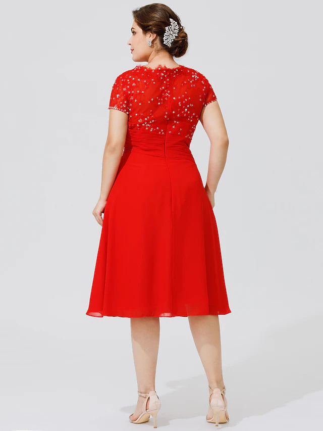 A-Line Mother of the Bride Dress Elegant & Luxurious Beautiful Back Plus Size Jewel Neck Knee Length Chiffon Beaded Lace Short Sleeve No with Pleats Beading