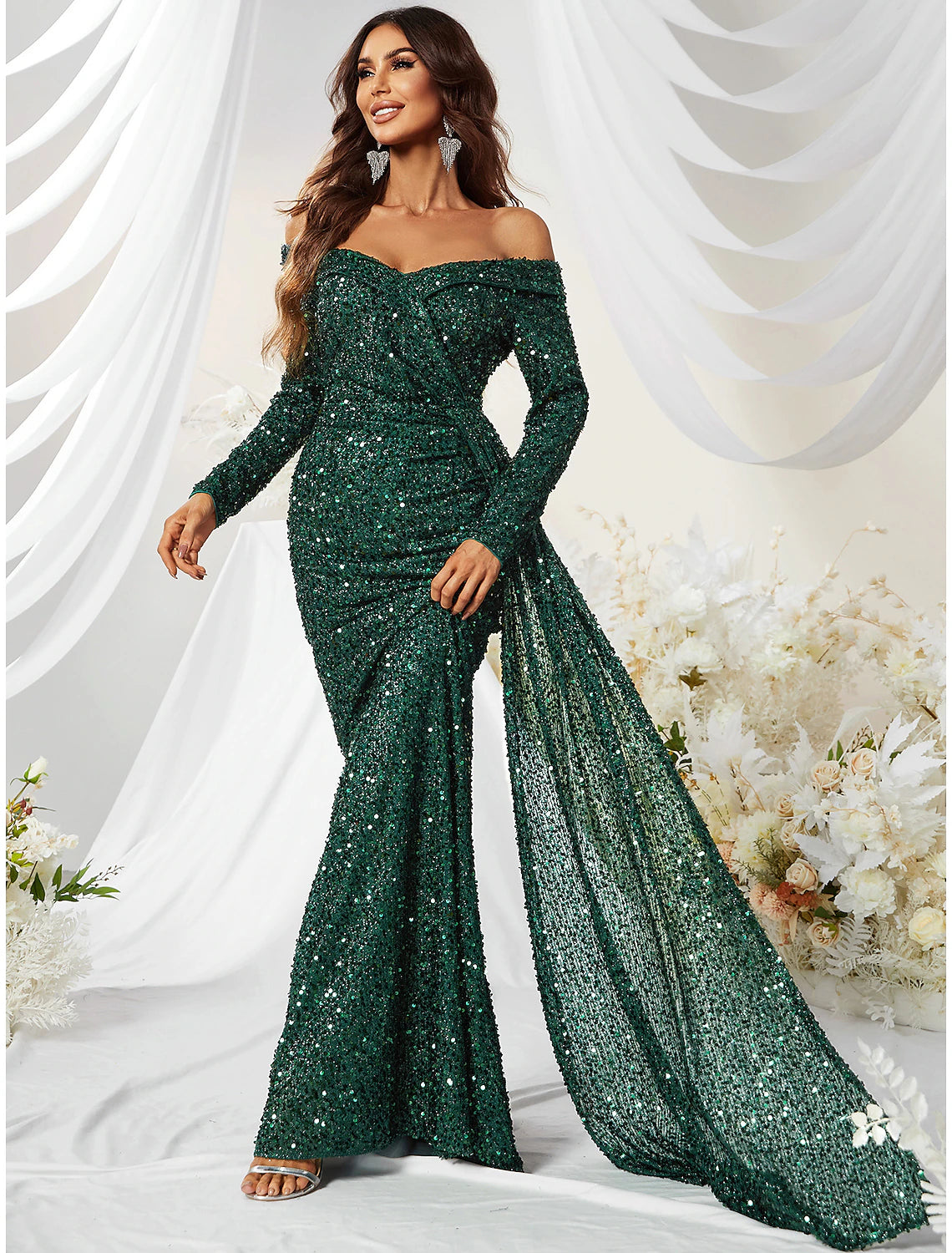 Mermaid / Trumpet Evening Gown Sparkle & Shine Dress Formal Cocktail Party Sweep / Brush Train Long Sleeve Off Shoulder Polyester