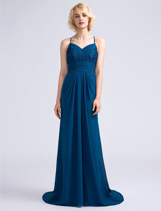 Sheath / Column Bridesmaid Dress Spaghetti Strap Sleeveless Open Back Sweep / Brush Train Chiffon / Lace with Lace / Ruched