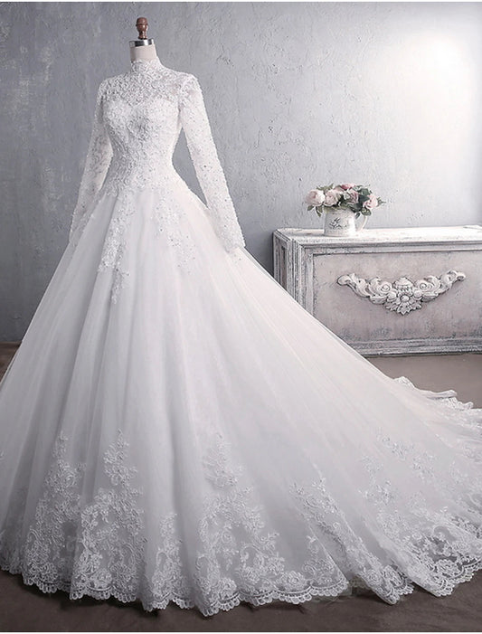 Engagement Formal Wedding Dresses Ball Gown High Neck Long Sleeve Court Train Lace Bridal Gowns