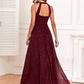 A-Line Evening Gown Empire Dress Evening Party Floor Length Sleeveless Halter Neck Polyester Backless V Back