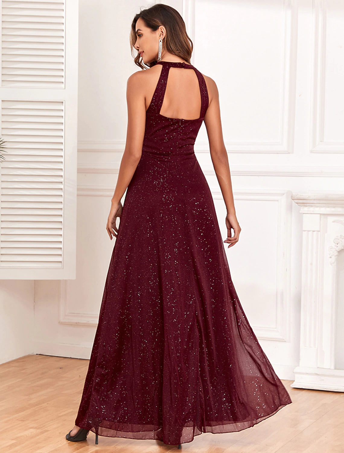 A-Line Evening Gown Empire Dress Evening Party Floor Length Sleeveless Halter Neck Polyester Backless V Back