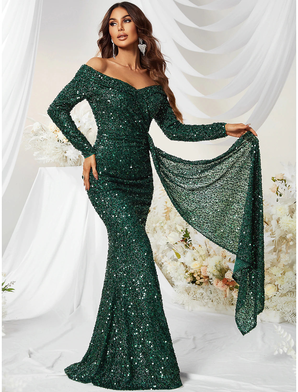 Mermaid / Trumpet Evening Gown Sparkle & Shine Dress Formal Cocktail Party Sweep / Brush Train Long Sleeve Off Shoulder Polyester