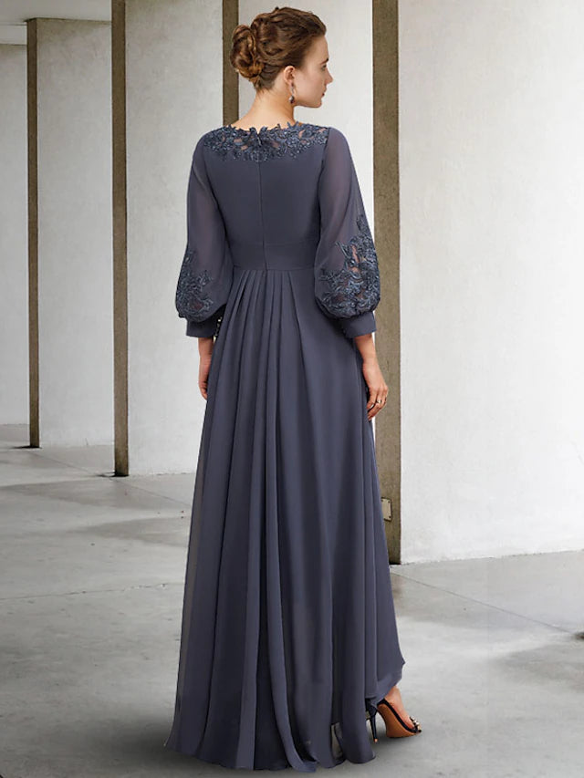 A-Line Mother of the Bride Dress Plus Size Elegant High Low Jewel Neck Asymmetrical Floor Length Chiffon Lace Half Sleeve