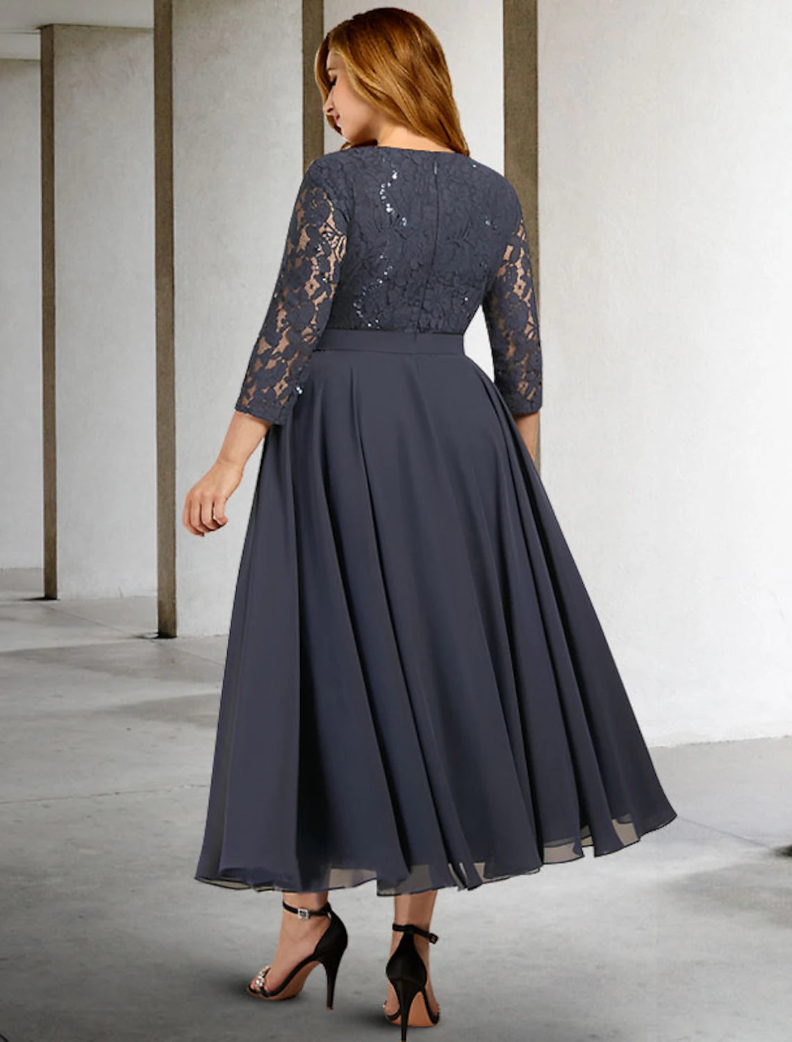 A-Line Mother of the Bride Dresses Plus Size Hide Belly Curve Elegant Dress Formal Tea Length 3/4 Length Sleeve Jewel Neck Chiffon