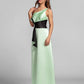 A-Line One Shoulder Floor Length Satin Bridesmaid Dress with Crystal Brooch