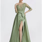 A-Line Evening Gown Elegant Dress Formal Floor Length 3/4 Length Sleeve Jewel Neck Satin with Slit Embroidery