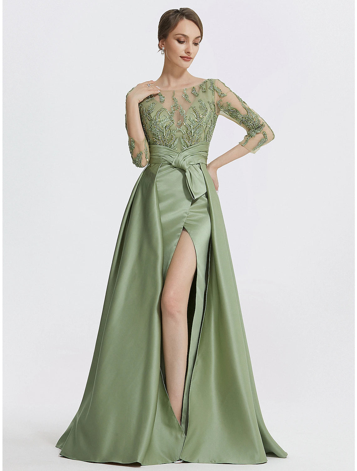 A-Line Evening Gown Elegant Dress Formal Floor Length 3/4 Length Sleeve Jewel Neck Satin with Slit Embroidery