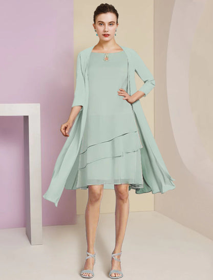 Two Piece A-Line Mother of the Bride Dress Formal Wedding Guest Elegant Scoop Neck Knee Length Chiffon 3/4 Length Sleeve