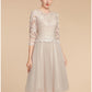 A-Line Mother of the Bride Dress Wedding Guest Elegant Petite Jewel Neck Knee Length Lace Tulle Half Sleeve with Pleats