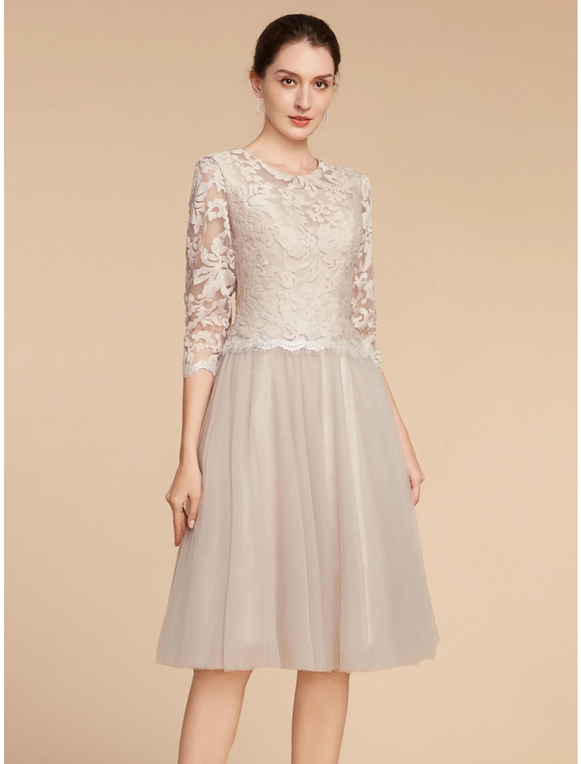 A-Line Mother of the Bride Dress Wedding Guest Elegant Petite Jewel Neck Knee Length Lace Tulle Half Sleeve with Pleats