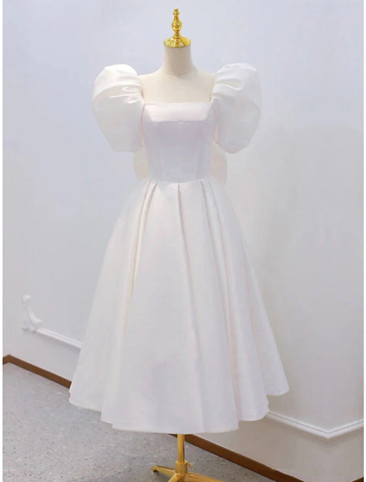 Reception Little White Dresses Wedding Dresses A-Line Square Neck Short Sleeve Knee Length Satin Bridal Gowns