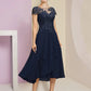 Two Piece A-Line Mother of the Bride Dress Formal Elegant Scoop Neck Tea Length Chiffon Lace Short Sleeve Wrap Included with Pleats Sequin