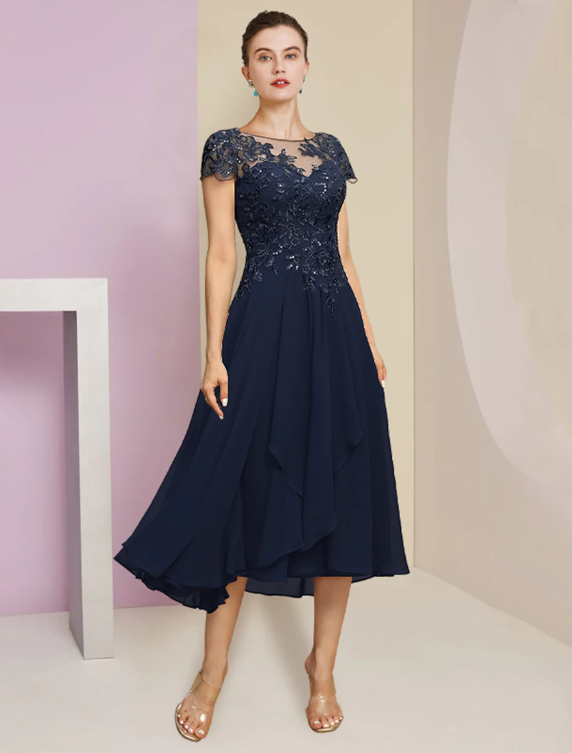 Two Piece A-Line Mother of the Bride Dress Formal Elegant Scoop Neck Tea Length Chiffon Lace Short Sleeve Wrap Included with Pleats Sequin