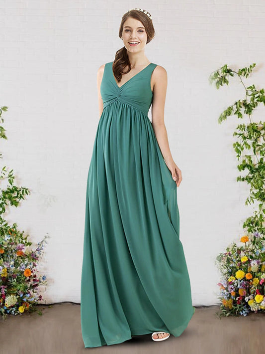 A-Line Bridesmaid Dress V Neck Sleeveless Sexy Sweep / Brush Train Chiffon with Pleats Pure Color