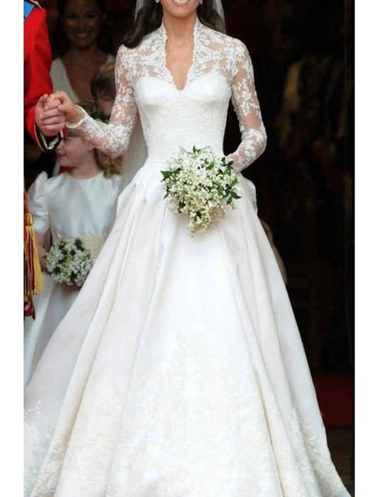 Engagement Formal Wedding Dresses A-Line Illusion Neck Long Sleeve Court Train Satin Bridal Gowns With Pleats