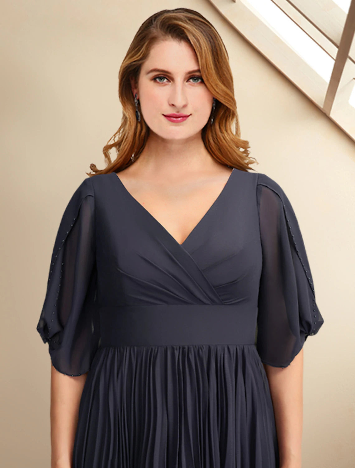 A-Line Mother of the Bride Dresses Plus Size Hide Belly Curve Elegant Dress Formal Tea Length Short Sleeve V Neck Chiffon