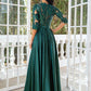 A-Line Evening Gown Elegant Dress Wedding Party Floor Length Half Sleeve Illusion Neck Satin with Pleats Sequin