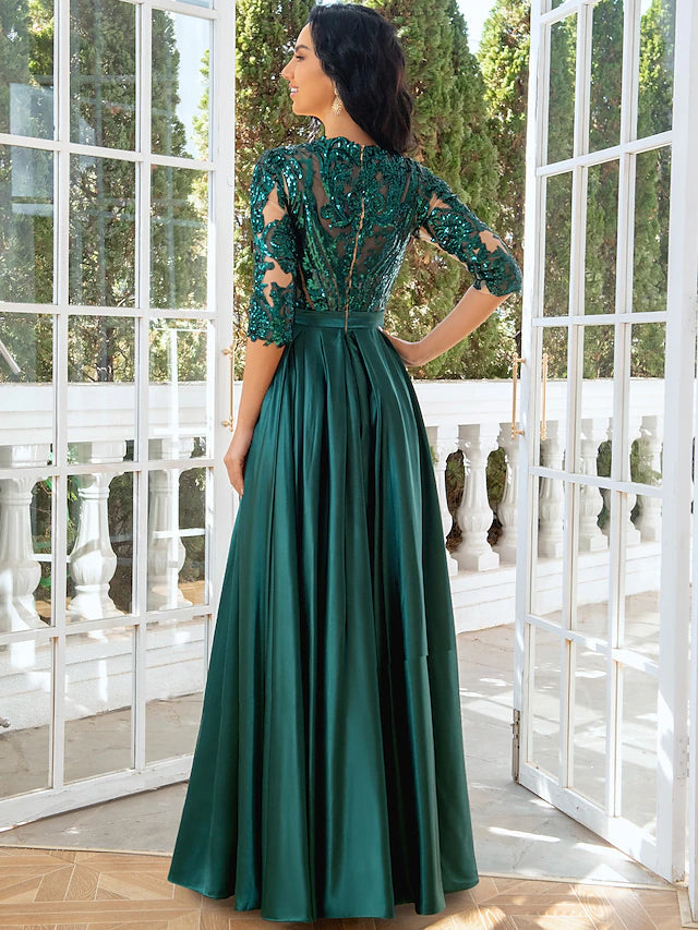 A-Line Evening Gown Elegant Dress Wedding Party Floor Length Half Sleeve Illusion Neck Satin with Pleats Sequin