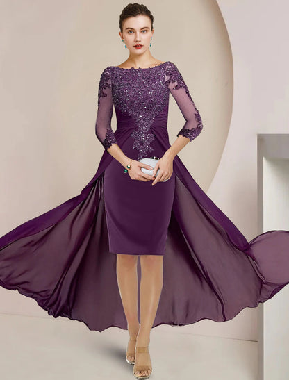 Sheath / Column Mother of the Bride Dress Elegant Scoop Neck Knee Length Chiffon Lace 3/4 Length Sleeve with Beading Sequin